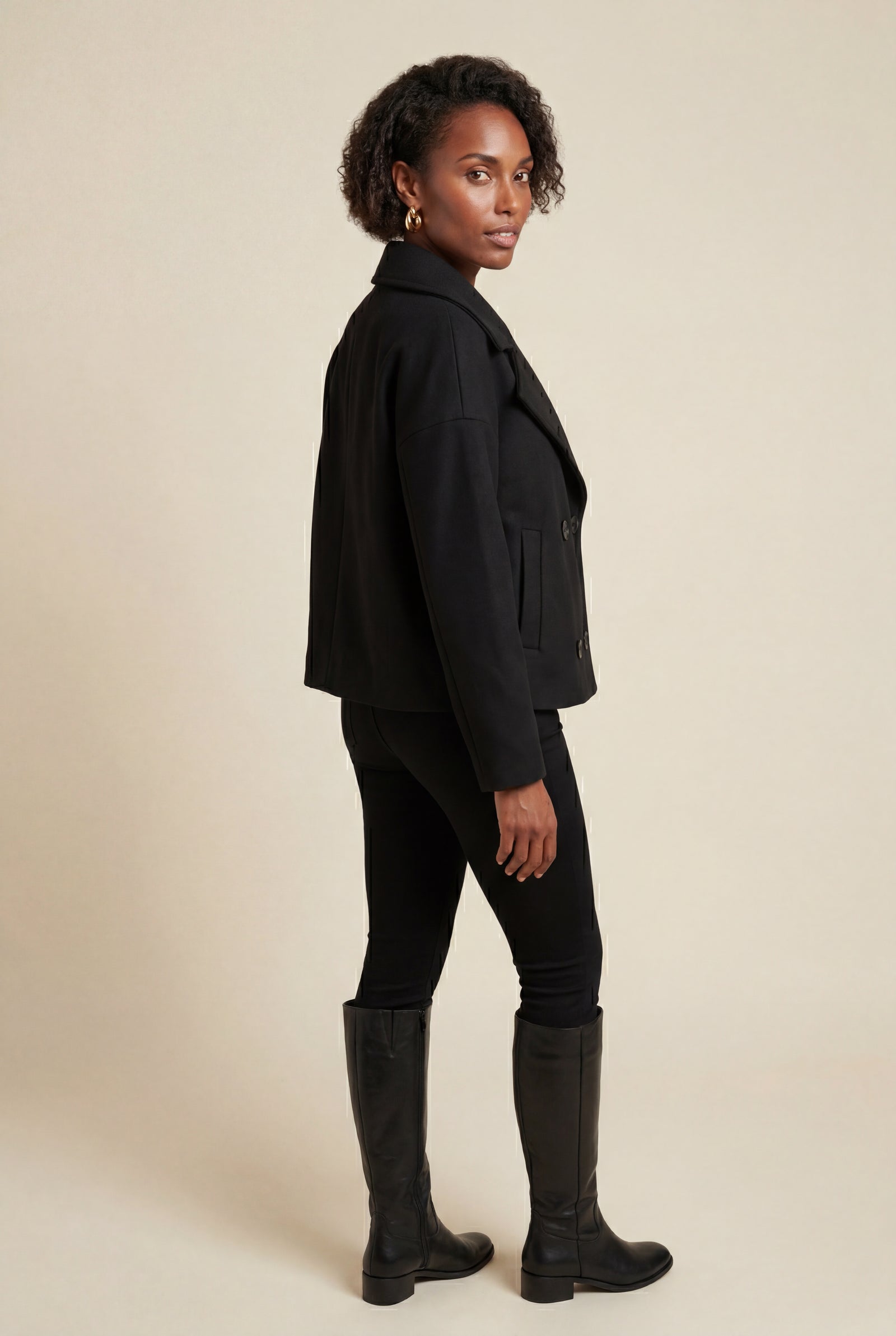 Black Double-breasted Hip-length Short Coat with Classic Collar - Short coats - Photo 3