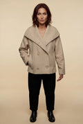 Beige Double-breasted Hip-length Short Coat with Classic Collar - Short coats - Photo 4