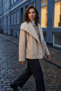 Beige Double-breasted Hip-length Short Coat with Classic Collar - Short coats - Photo 9