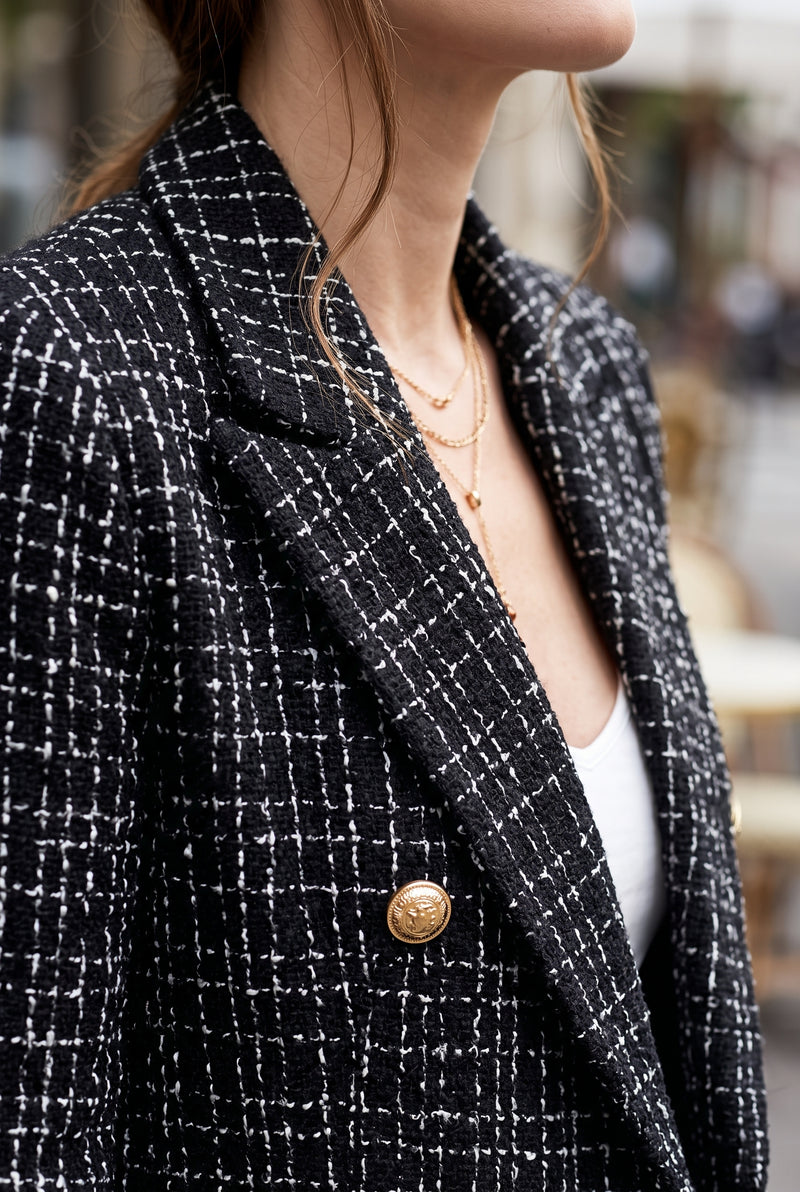 Double-Breasted Tweed Blazer in Black — studio angle