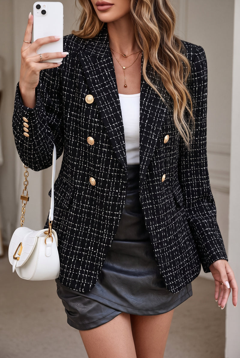 Double-Breasted Tweed Blazer in Black — studio front
