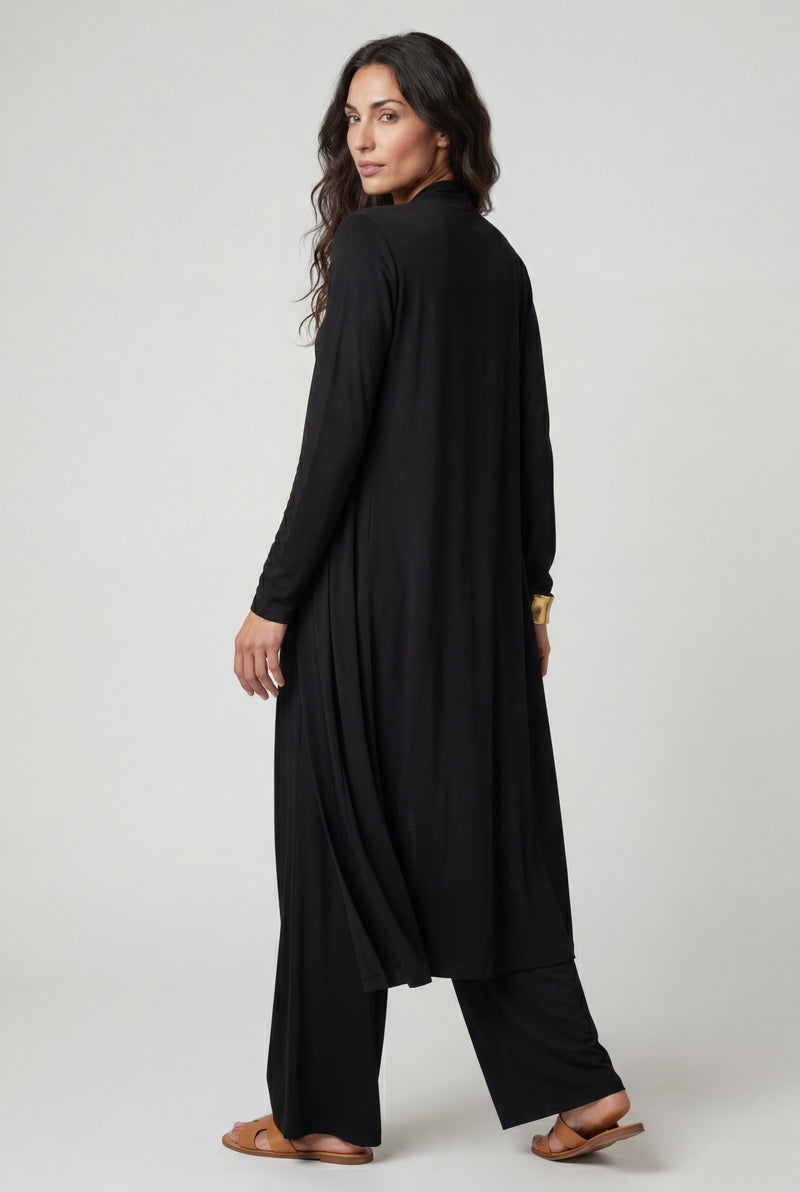 Black Drapey Three-piece Bandeau Loungewear Set with Duster Cardigan - Photo 2