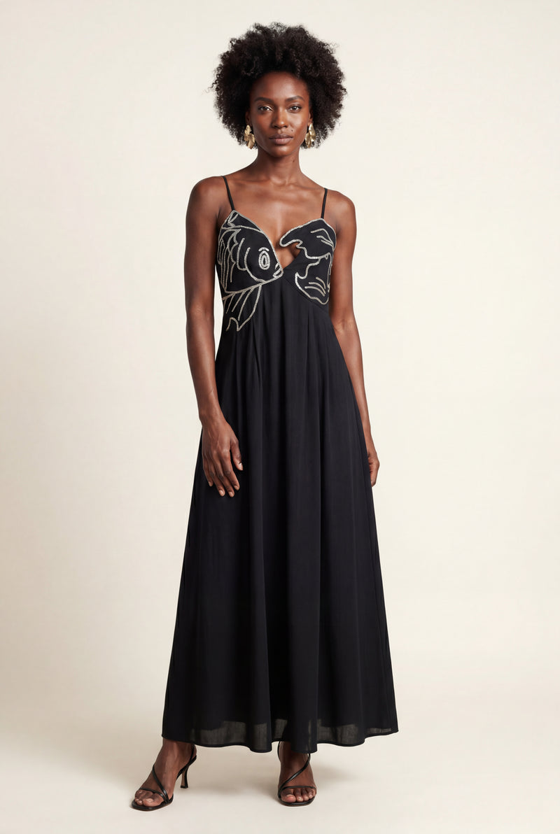 Black Embroidered Fish Motif Open Back Maxi Dress - Photo 5