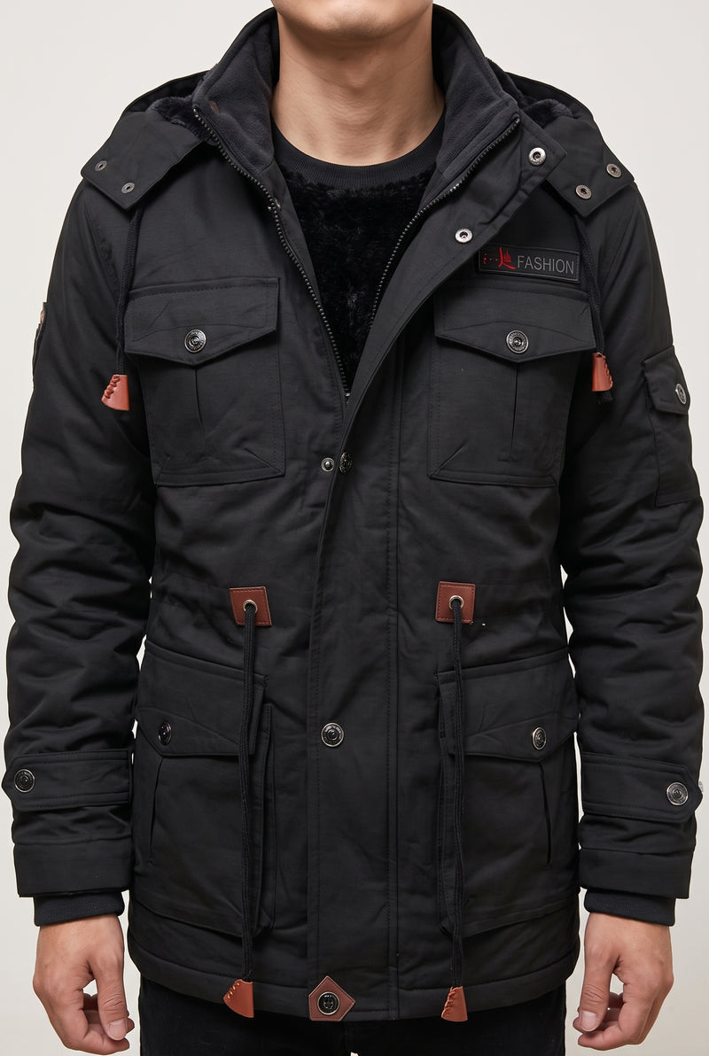 Faux-Fur Lined Parka in Black — studio front