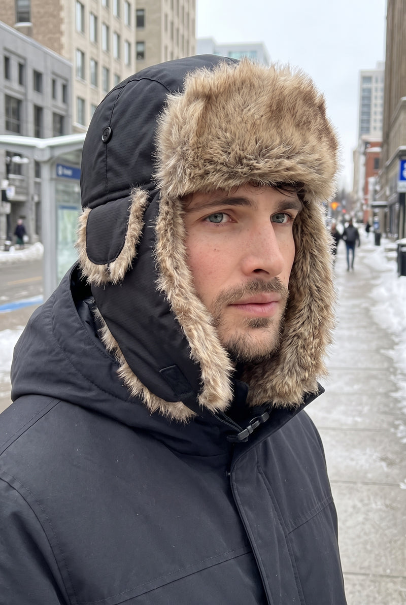 Faux Fur Lined Trapper Hat in Black — lifestyle