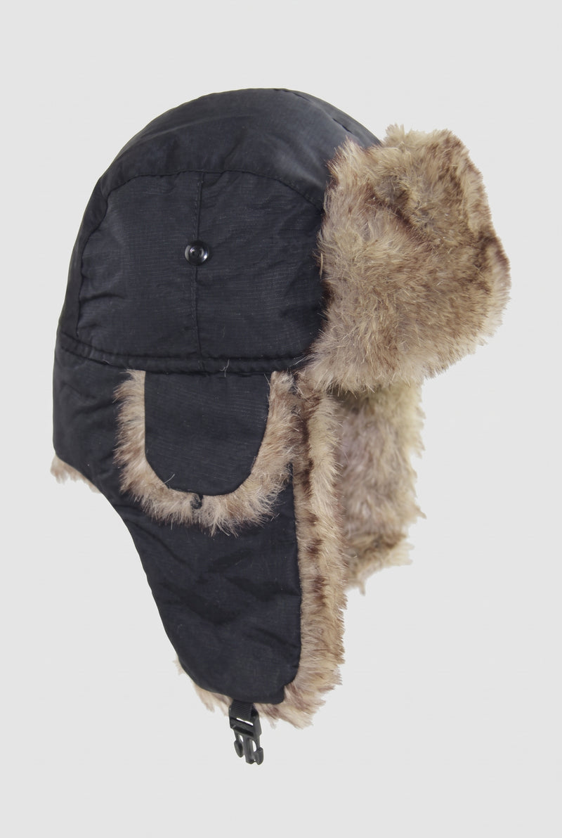 Faux Fur Lined Trapper Hat in Black — studio front