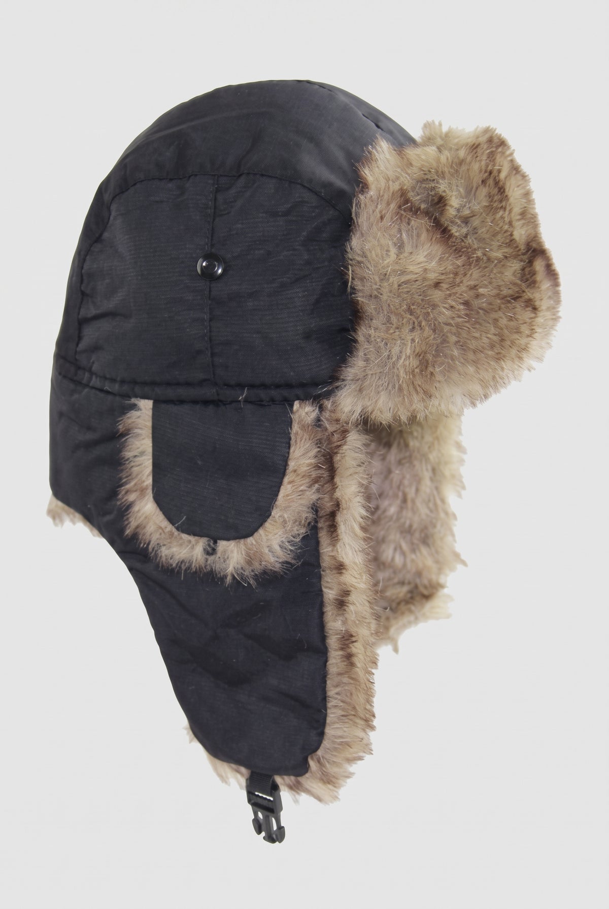 Faux Fur Trapper Hat in Black — studio front