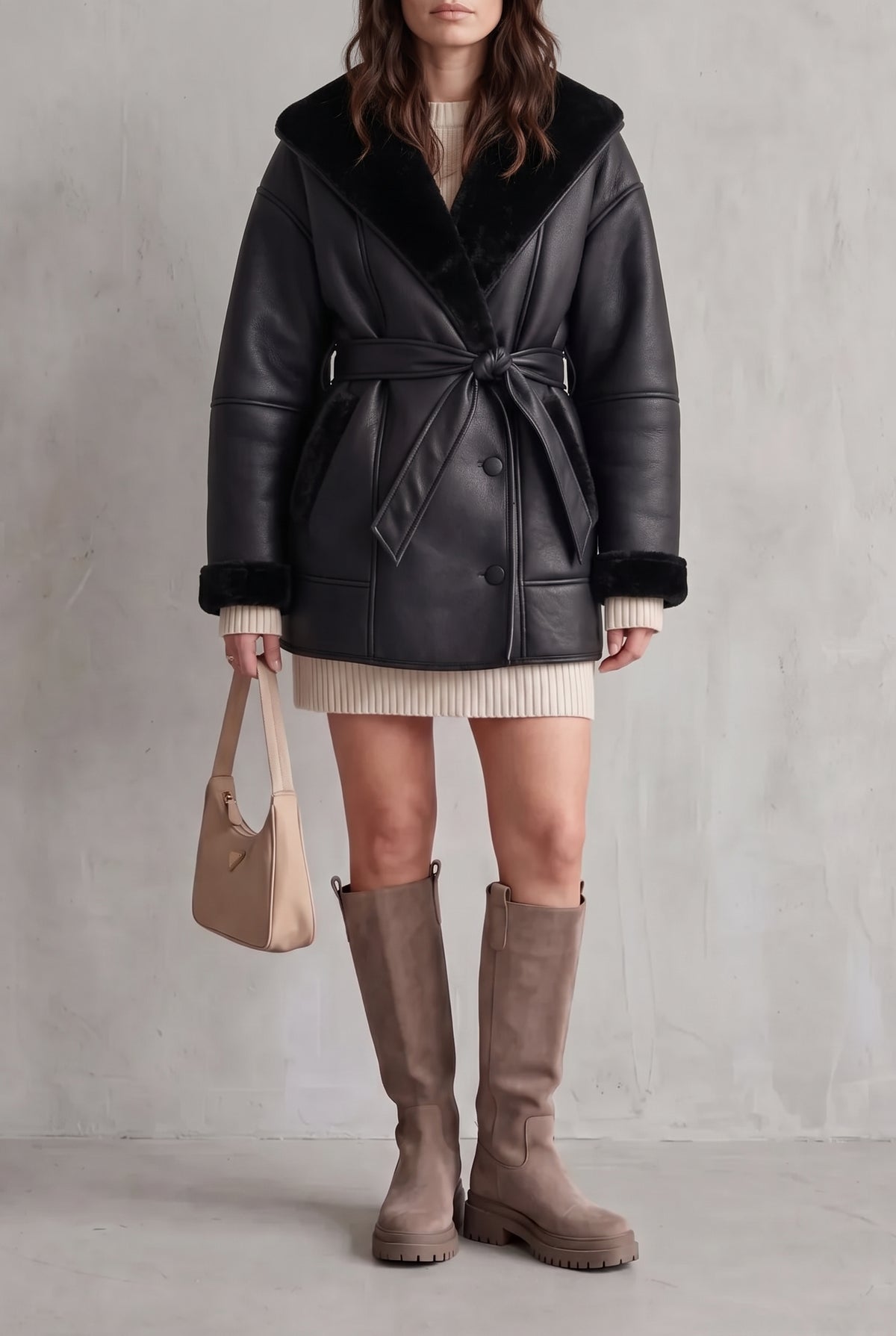 Faux Leather Belted Coat in Black — studio front