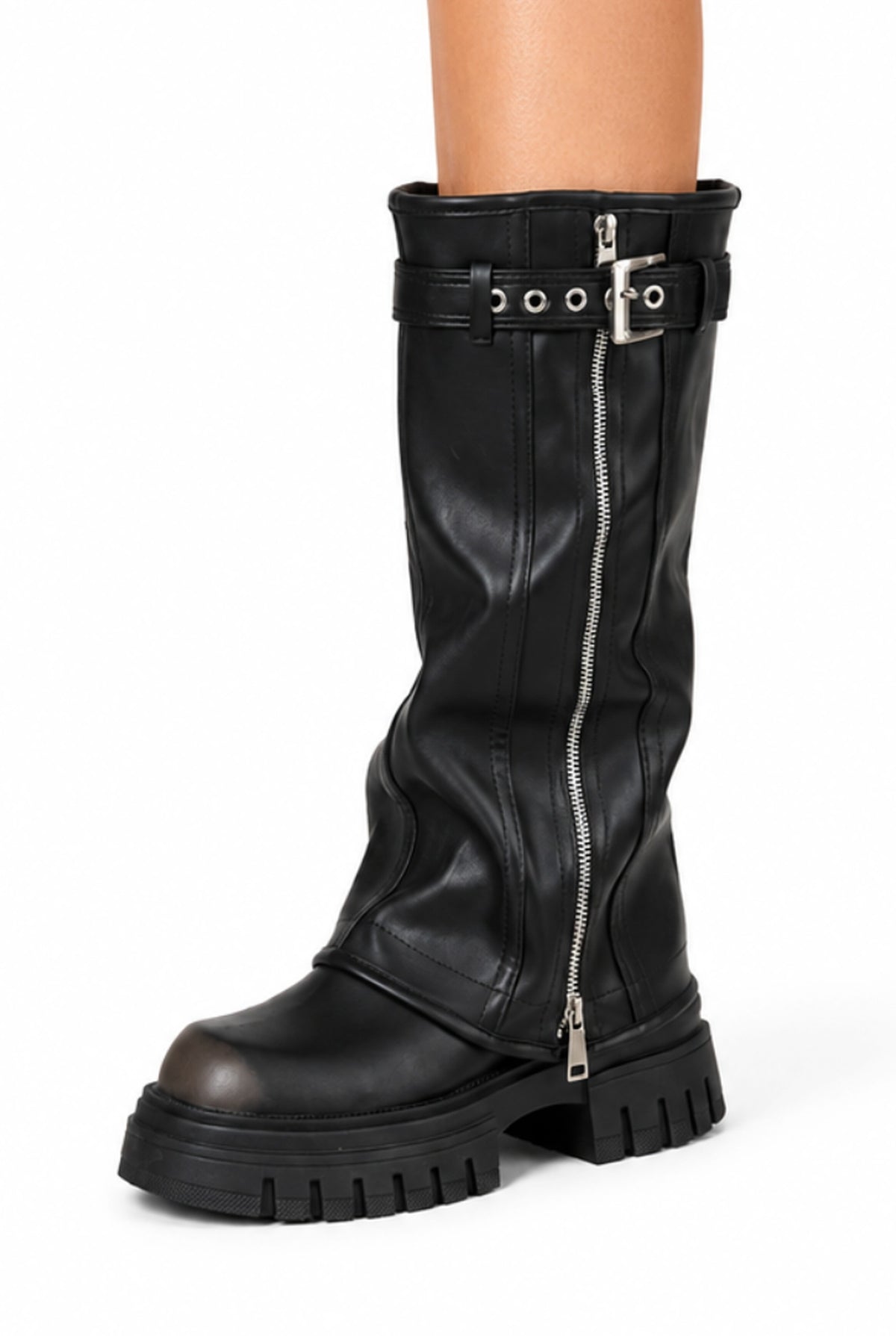 Faux Leather Platform Boots in Black — side