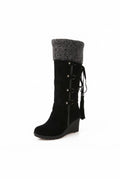 Faux Shearling Knee-High Boots in Black — front view