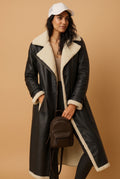 Faux Shearling Trim Overcoat in Black — studio front