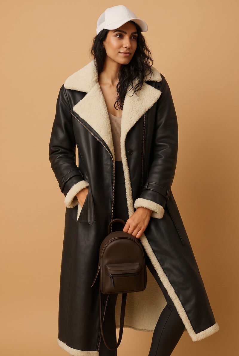 Faux Shearling Trim Overcoat in Black — studio front