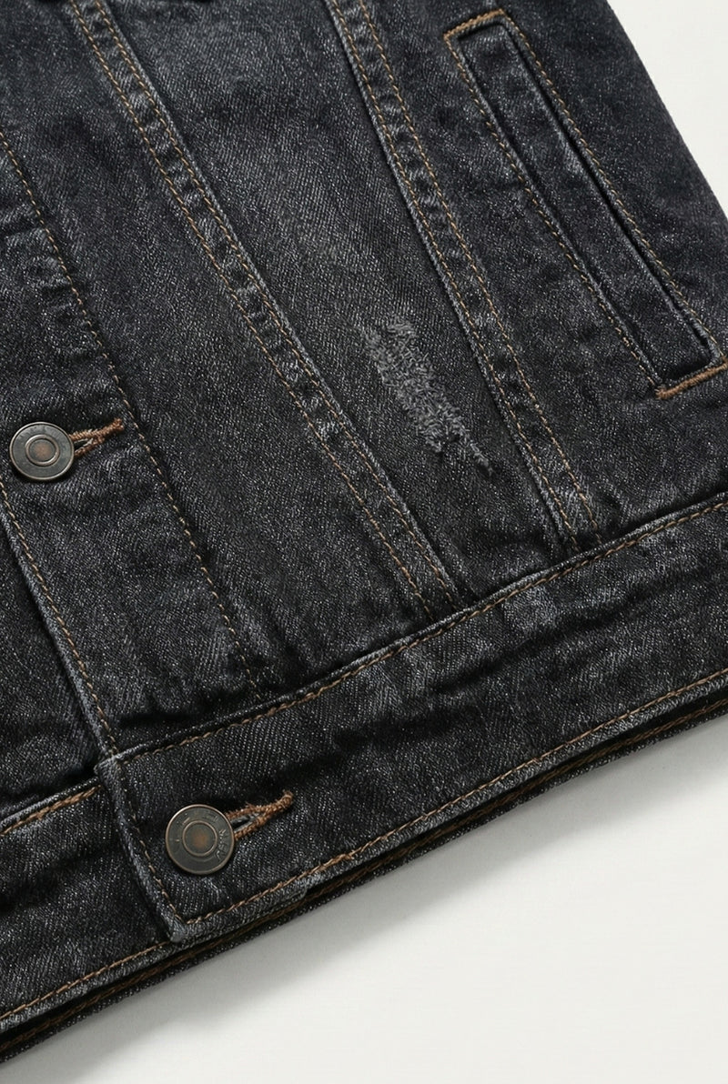 Fleece-Lined Denim Trucker Jacket in Black — detail