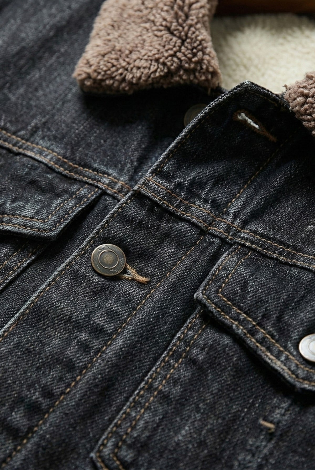 Fleece-Lined Denim Trucker Jacket in Black — detail