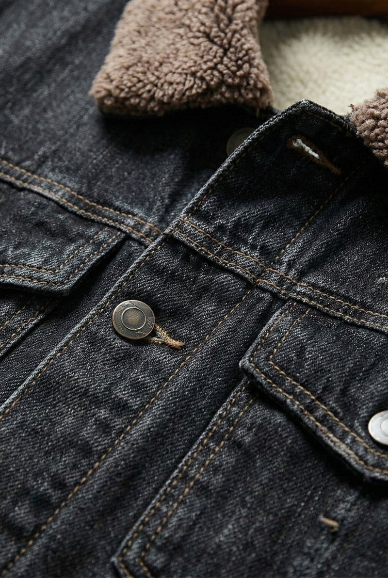 Fleece-Lined Denim Trucker Jacket in Black — detail