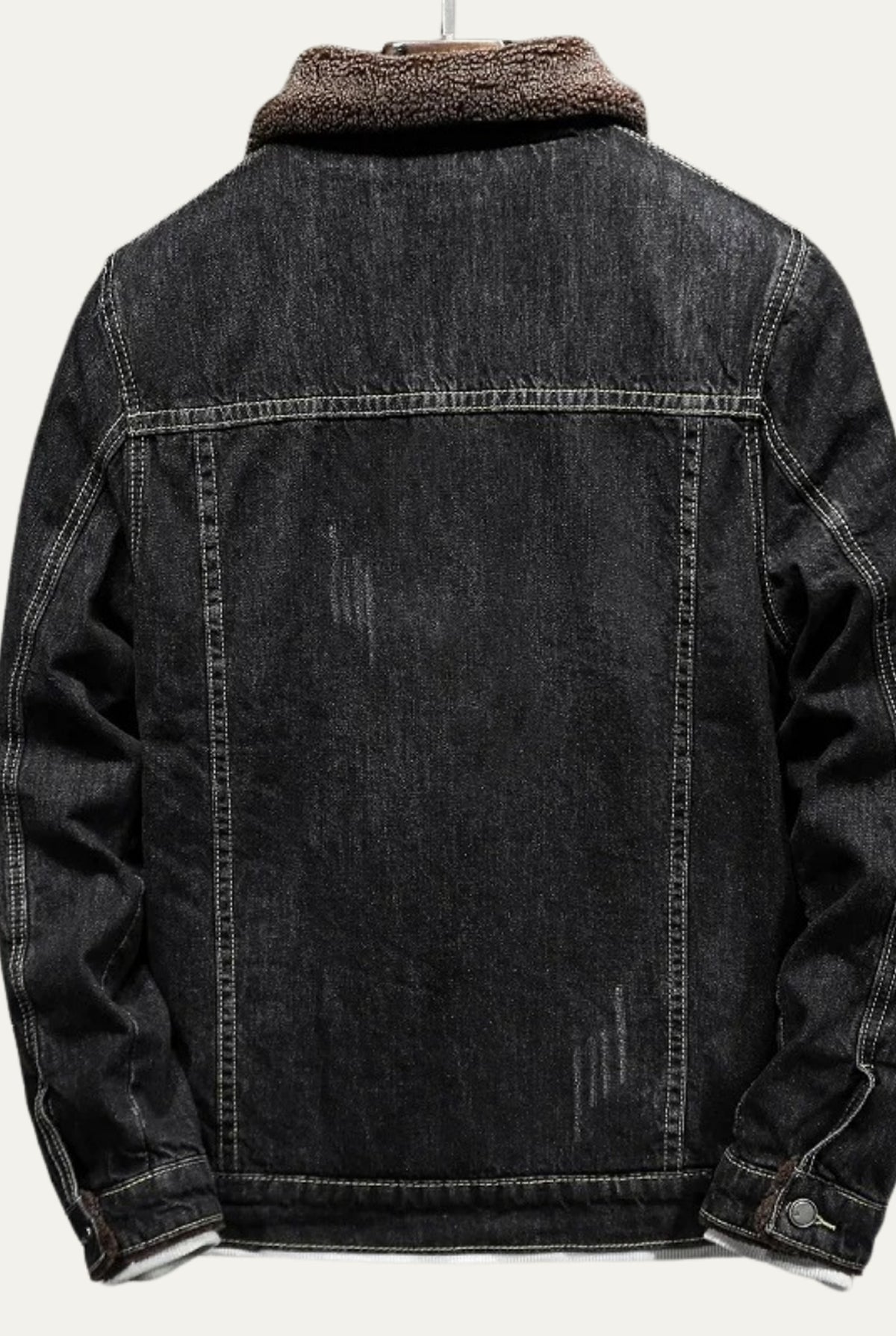 Fleece-Lined Denim Trucker Jacket in Black — back