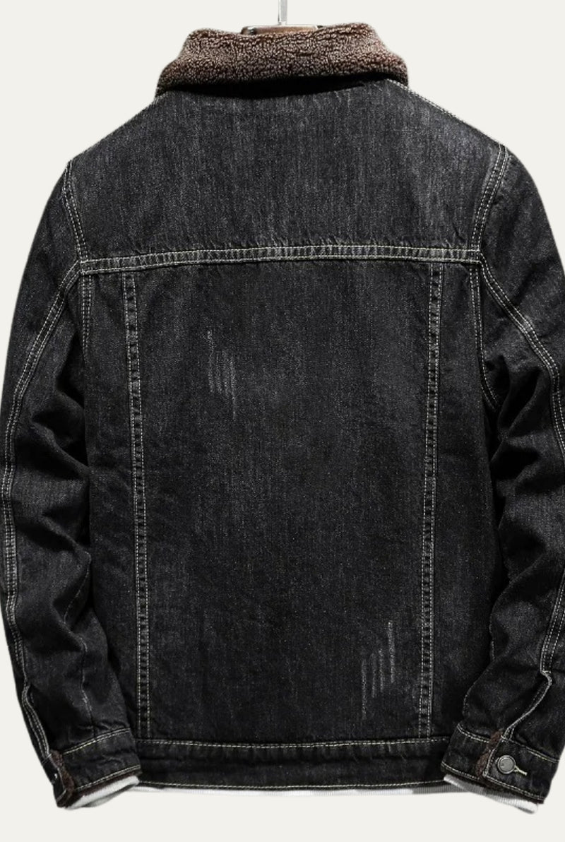 Fleece-Lined Denim Trucker Jacket in Black — back