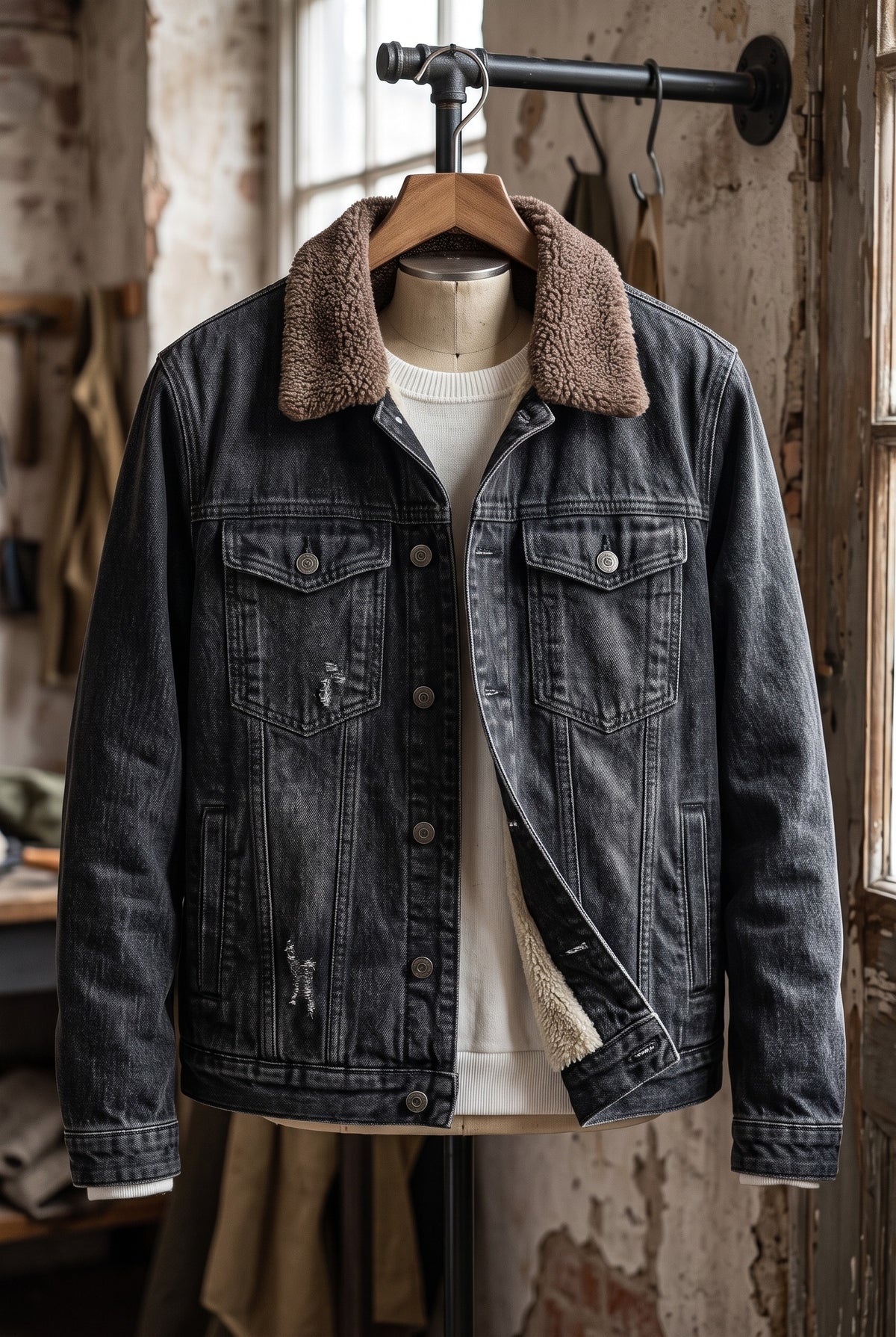 Fleece-Lined Denim Trucker Jacket in Black — Stilenza main image