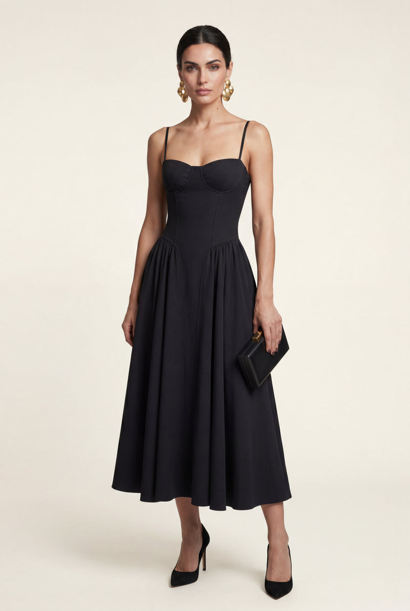 Black Floral Corset Bodice Midi Dress with Spaghetti Straps - Photo 3