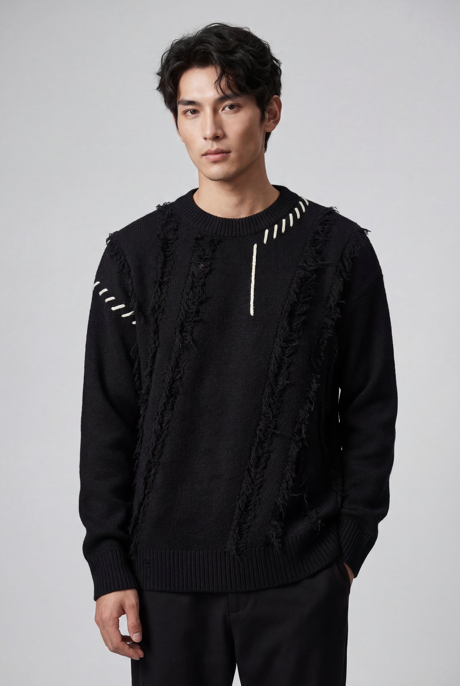 Black Fringe Artisan Detail Crewneck Sweater - Photo 4