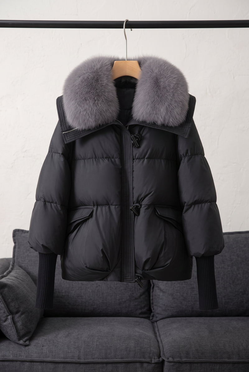 Fur Collar Puffer Jacket in Black — studio front