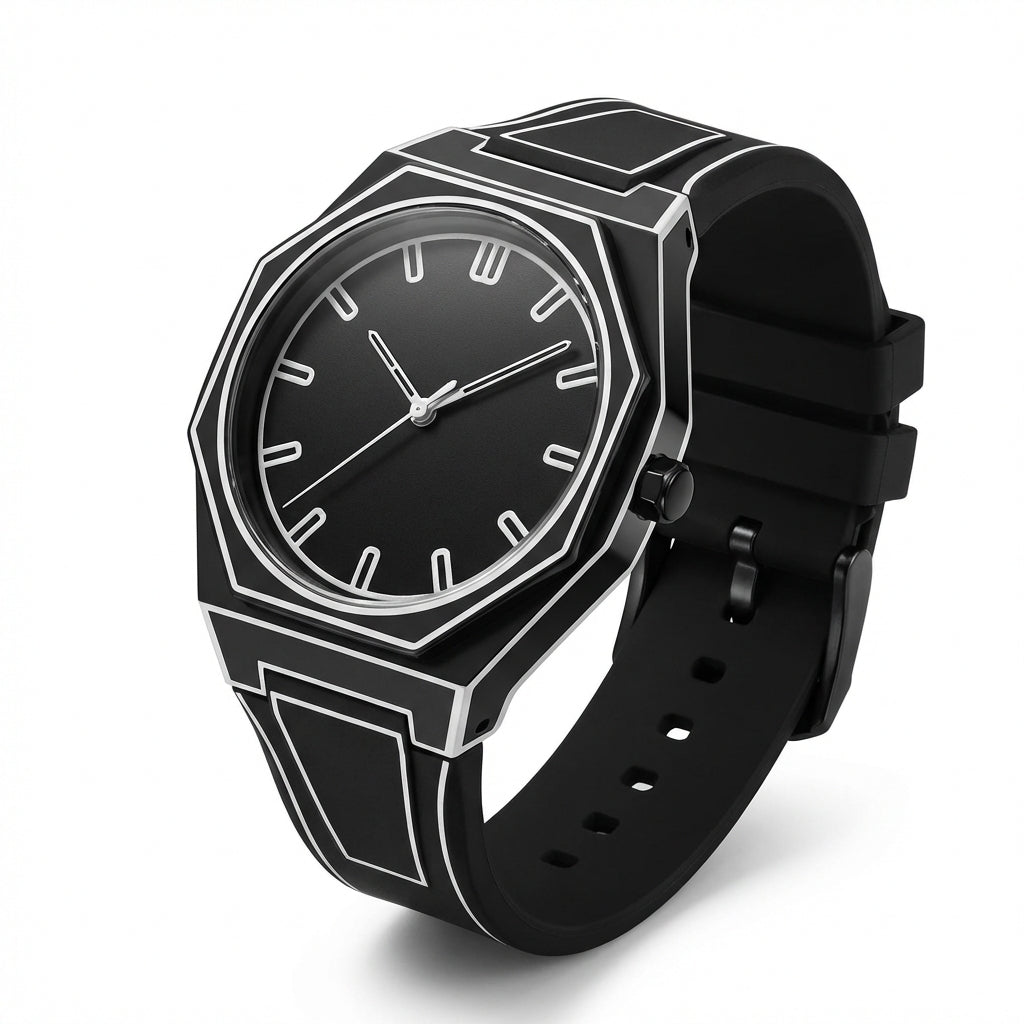 Black Geometric Dial Silicone Strap Analog Watch - Watches - Photo 1