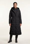 Black Geometric Quilted Calf-length Puffer Coat with Hood - Puffer jackets - Photo 10