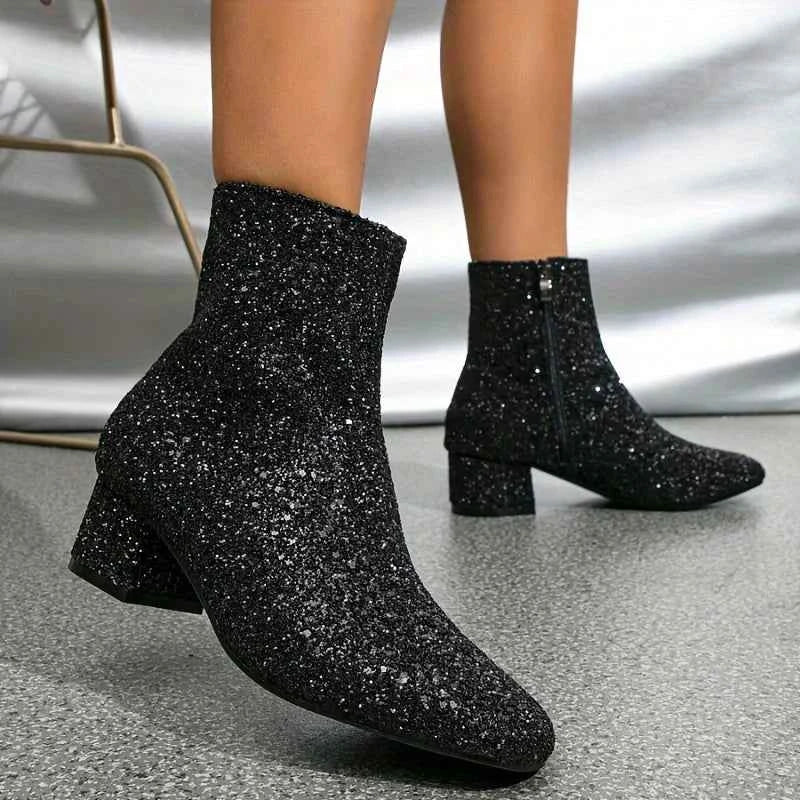 Black Glitter Block Heel Ankle Boots with Side Zip - Photo 9
