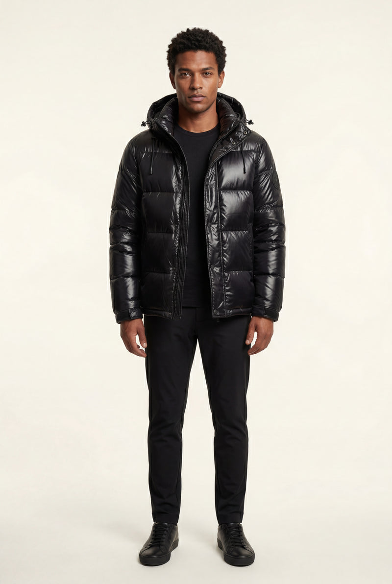 Black Glossy Boxy Puffer Hooded Jacket with Insulated Hood - Hooded jackets - Photo 1