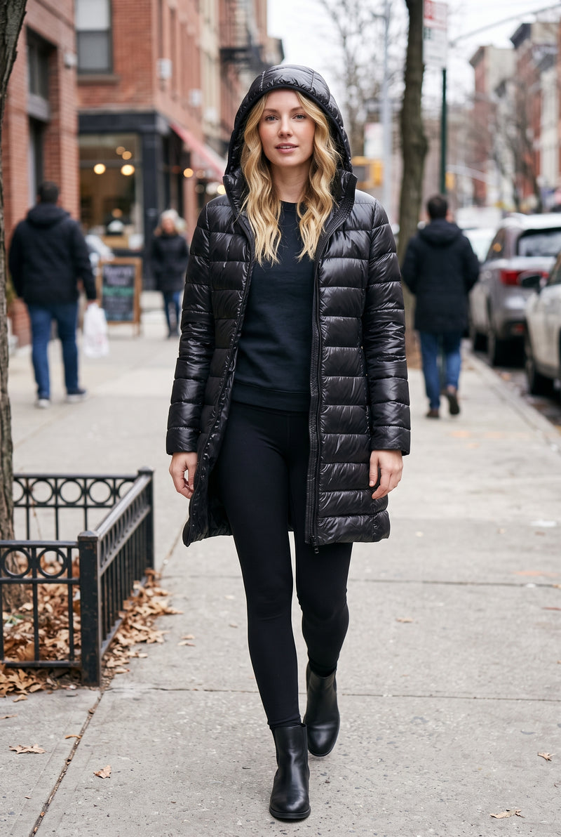 Glossy Hooded Puffer Coat in Black — lifestyle