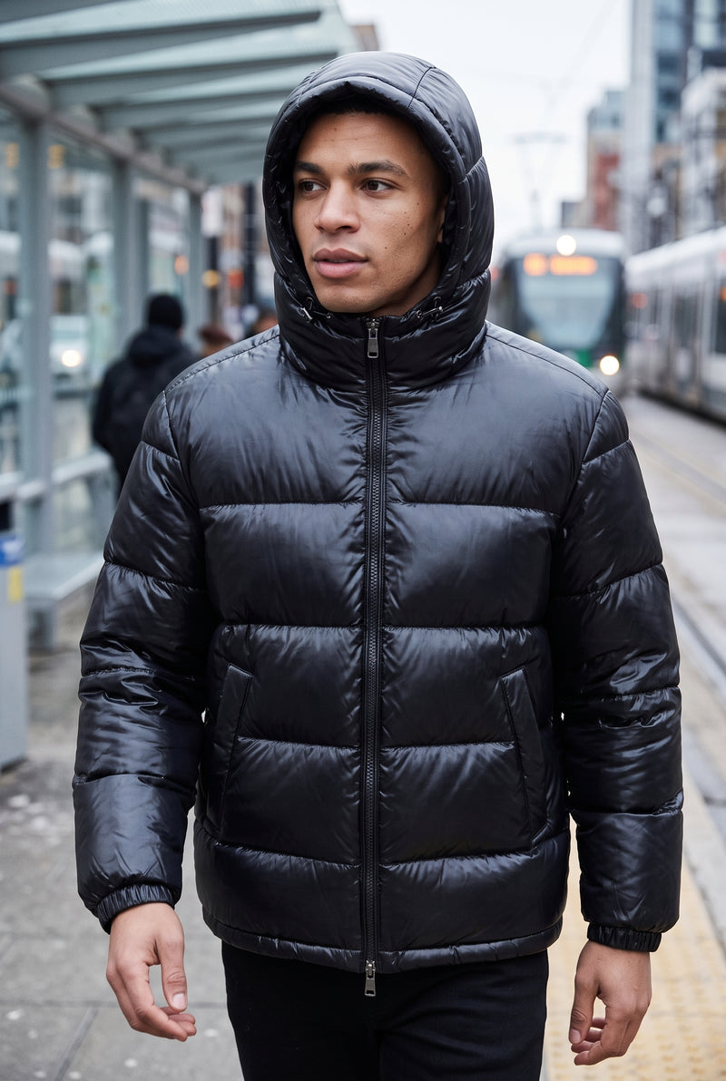 Glossy Hooded Puffer Jacket in Black — lifestyle