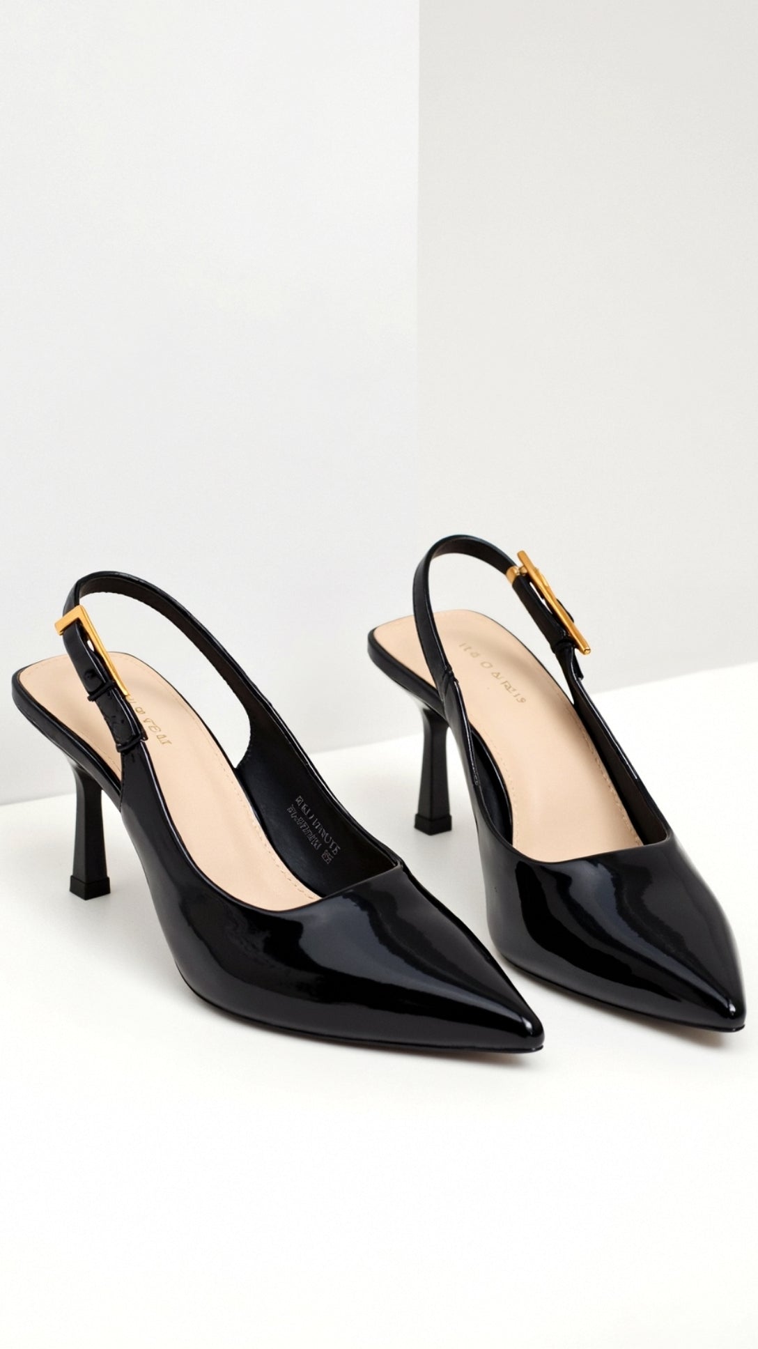 Black Glossy Slingback Pointed Toe Mid-heel Pumps - Slingback heels - Photo 6