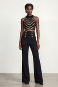 Black Gold Halter Cropped Top and Black Flared Trousers Set - Cropped top and trousers - Photo 1