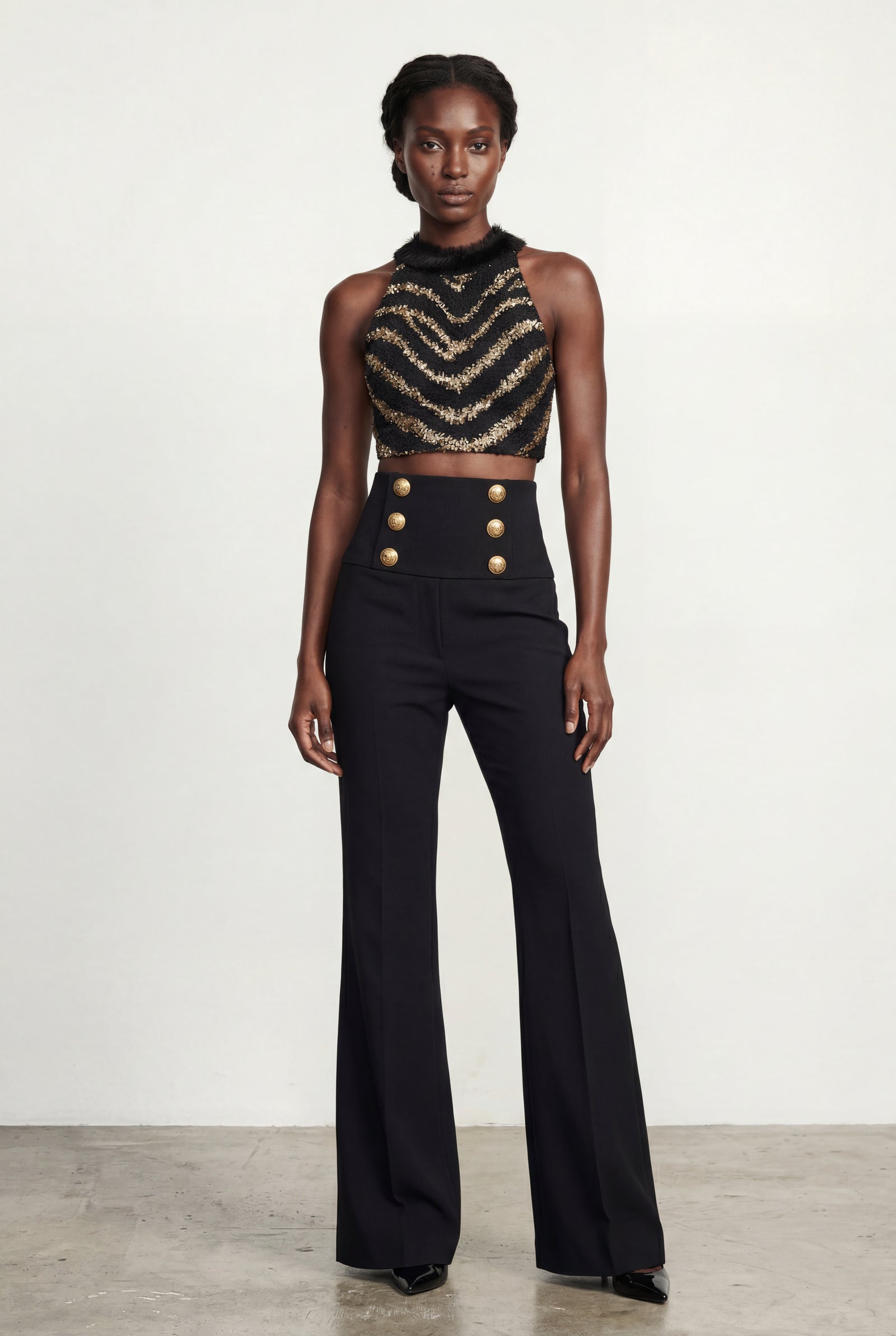 Black Gold Halter Cropped Top and Black Flared Trousers Set - Cropped top and trousers - Photo 1