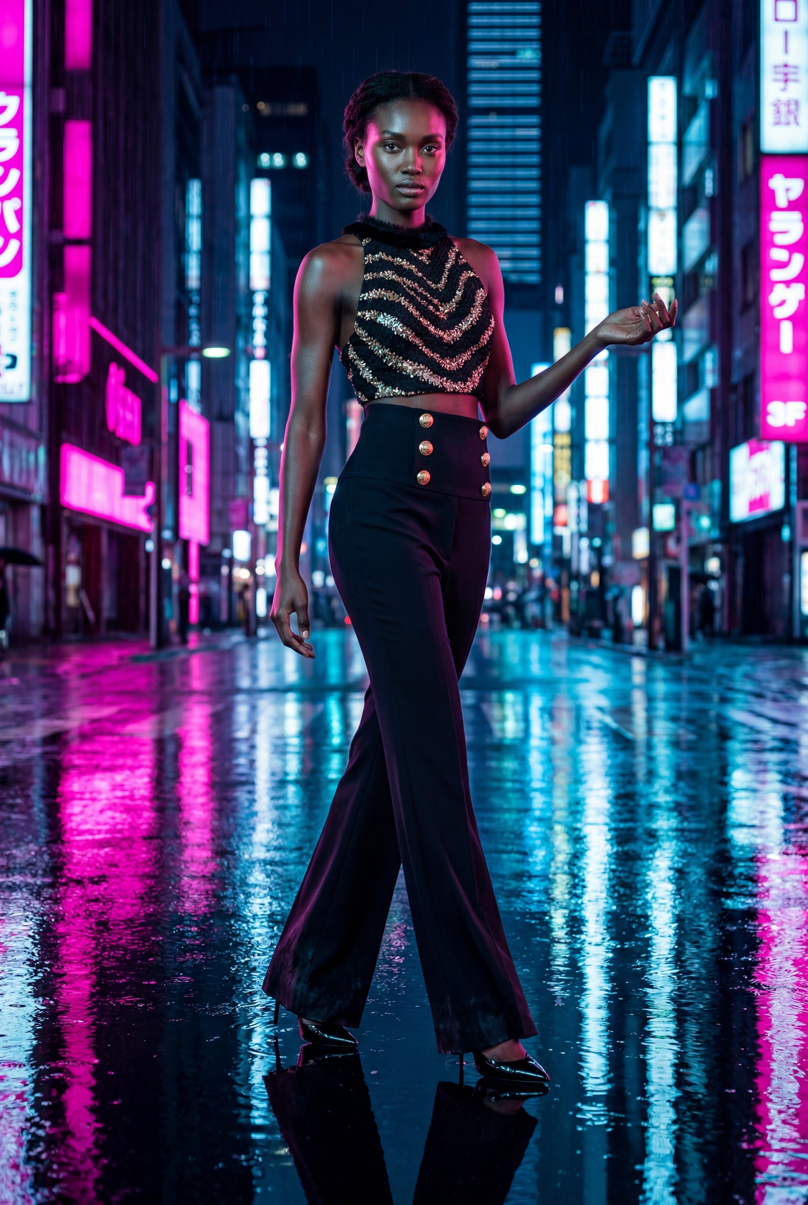 Black Gold Halter Cropped Top and Black Flared Trousers Set - Cropped top and trousers - Photo 4