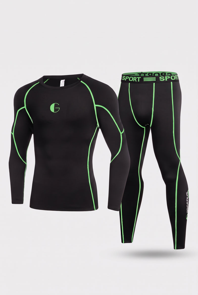 Fleece Lined Base Layer Set in Black Green — studio front