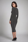 Black Gunmetal Shimmer Bodycon Midi Dress with Long Sleeves - Bodycon dress - Photo 2