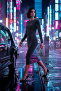Black Gunmetal Shimmer Bodycon Midi Dress with Long Sleeves - Bodycon dress - Photo 4