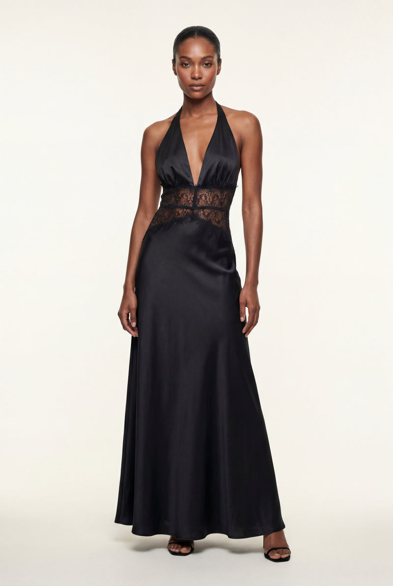 Black Halterneck Maxi Dress with Lace Waist and Open Back - Photo 1