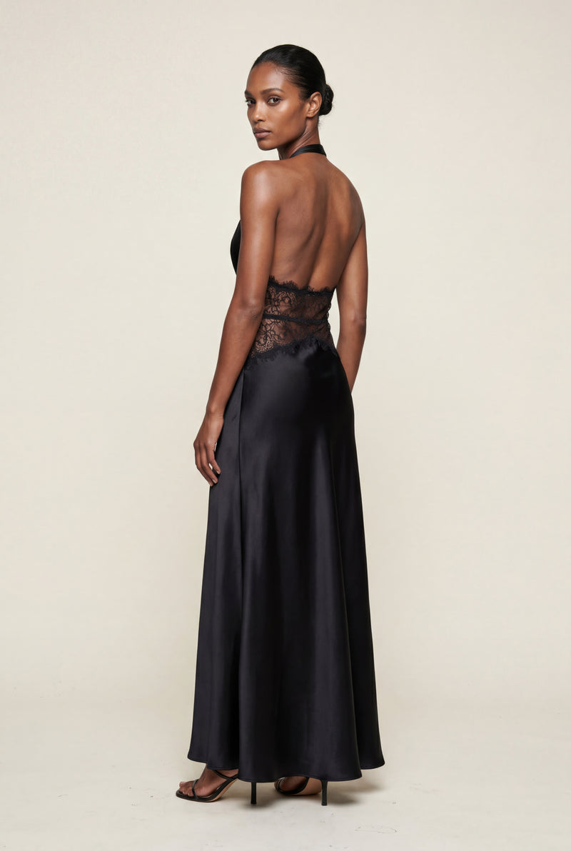Black Halterneck Maxi Dress with Lace Waist and Open Back - Photo 2