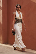 White Halterneck Maxi Dress with Lace Waist and Open Back - Photo 5