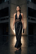 Black Halterneck Maxi Dress with Lace Waist and Open Back - Photo 7