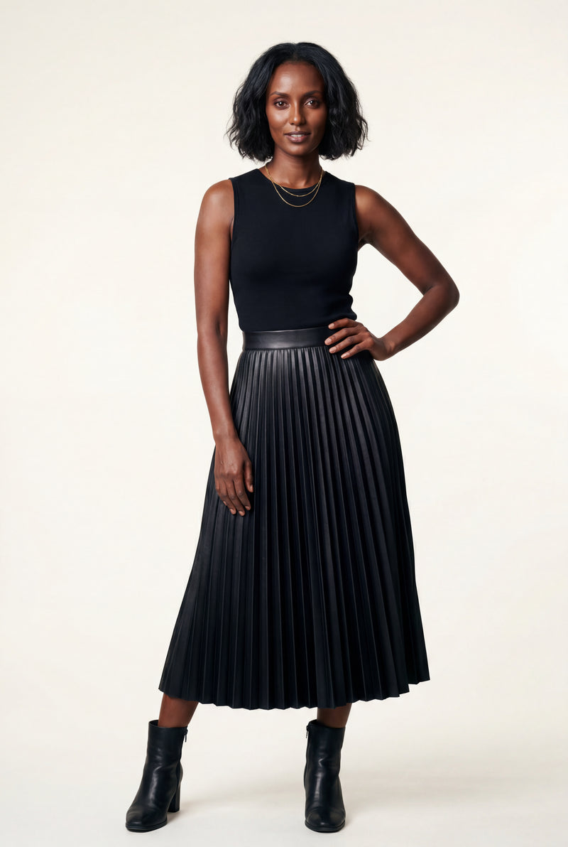 Black High-waisted A-line Pleated Midi Skirt - Photo 4