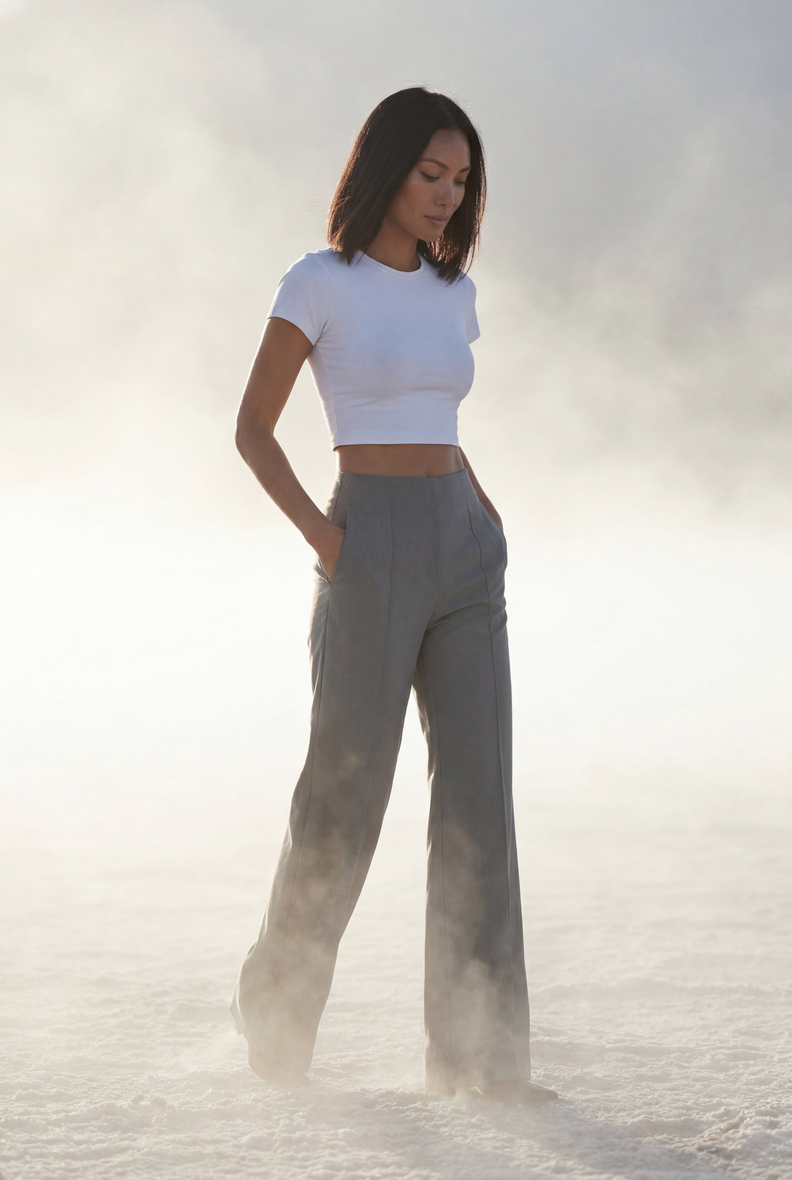 Light Gray High-waisted Tailored Wide-leg Trousers with Creased Front - Wide leg trousers - Photo 9