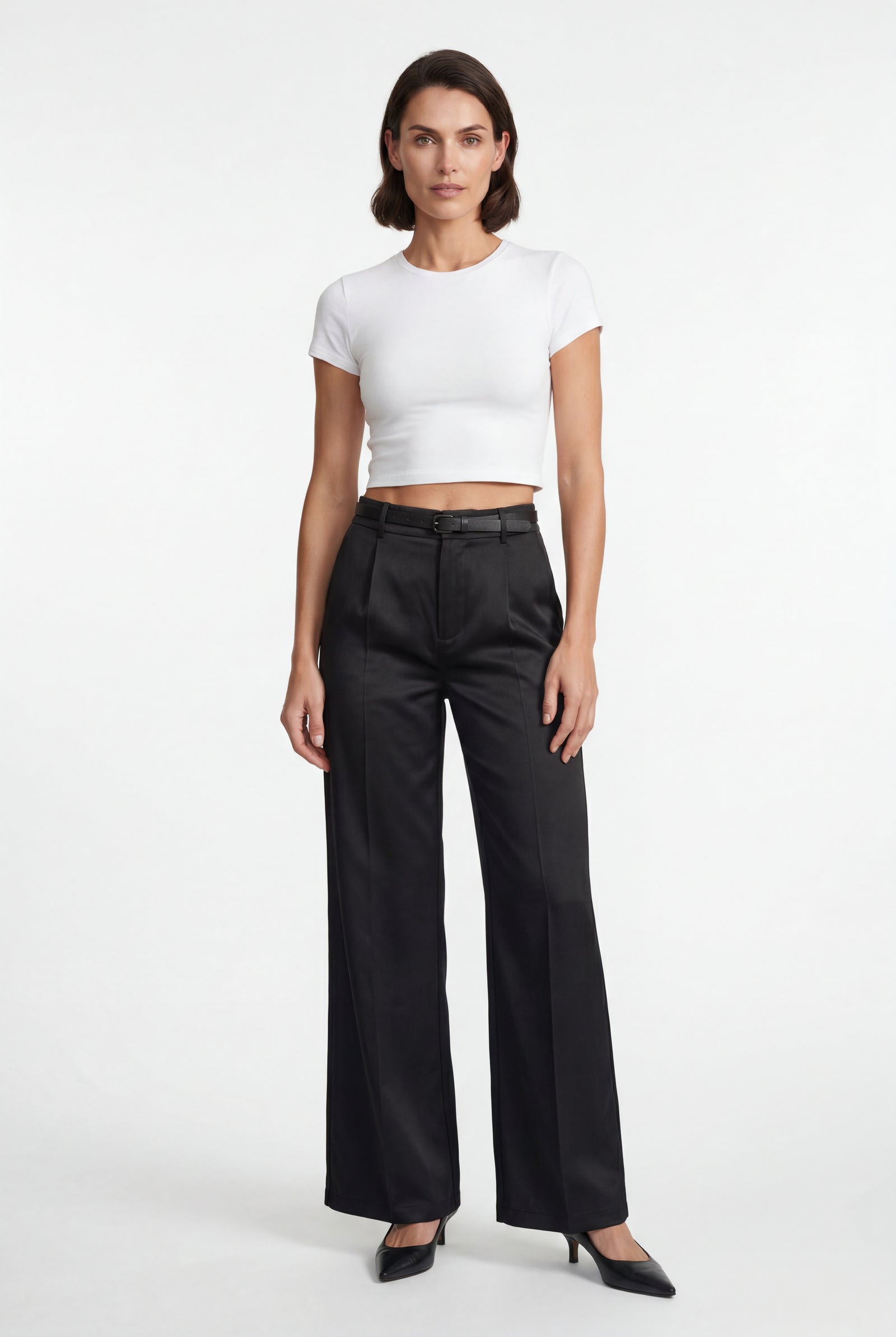Black High-waisted Wide-leg Tailored Trousers with Belt - Wide leg trousers - Photo 13