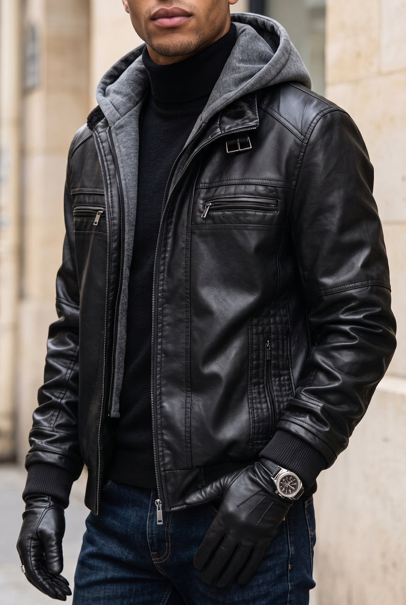 Hooded Leather Jacket in Black — lifestyle