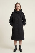 Black Hooded Snap Button Long Parka Coat with Adjustable Waist - Long coat - Photo 4