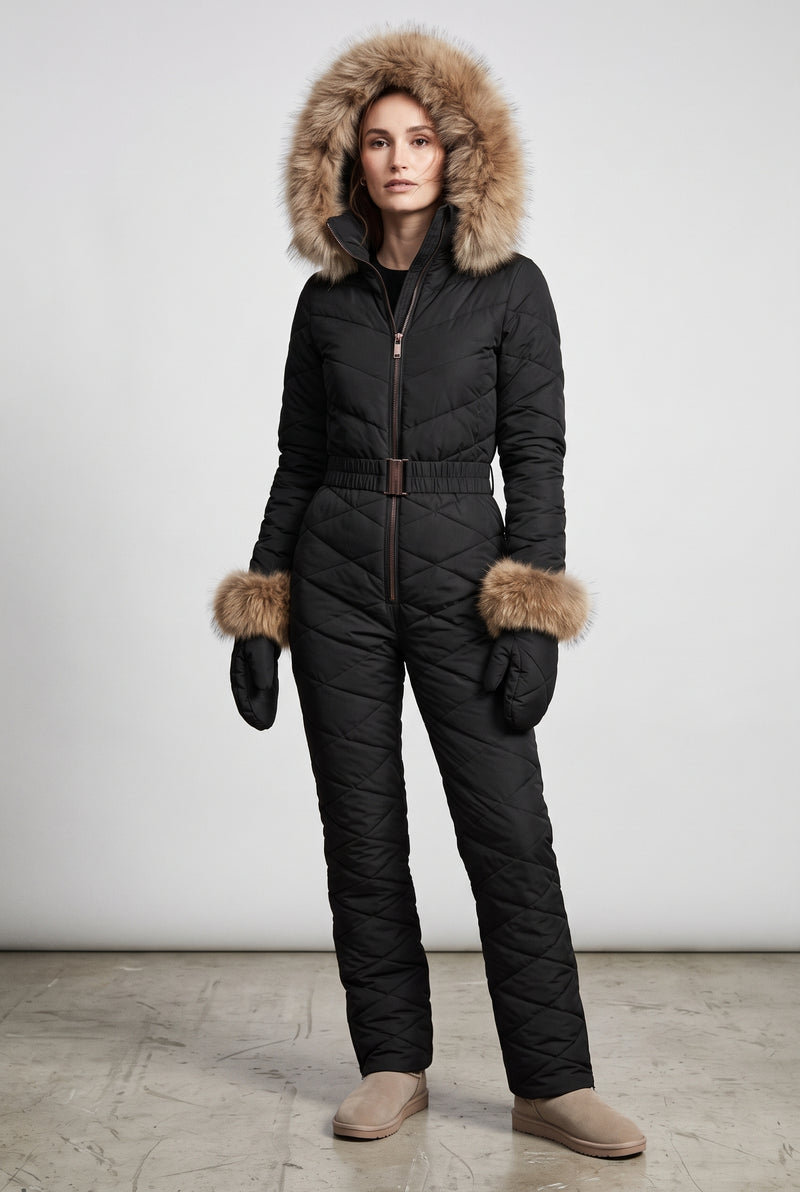 Hooded Snow Suit with Fur Trim in Black — studio front