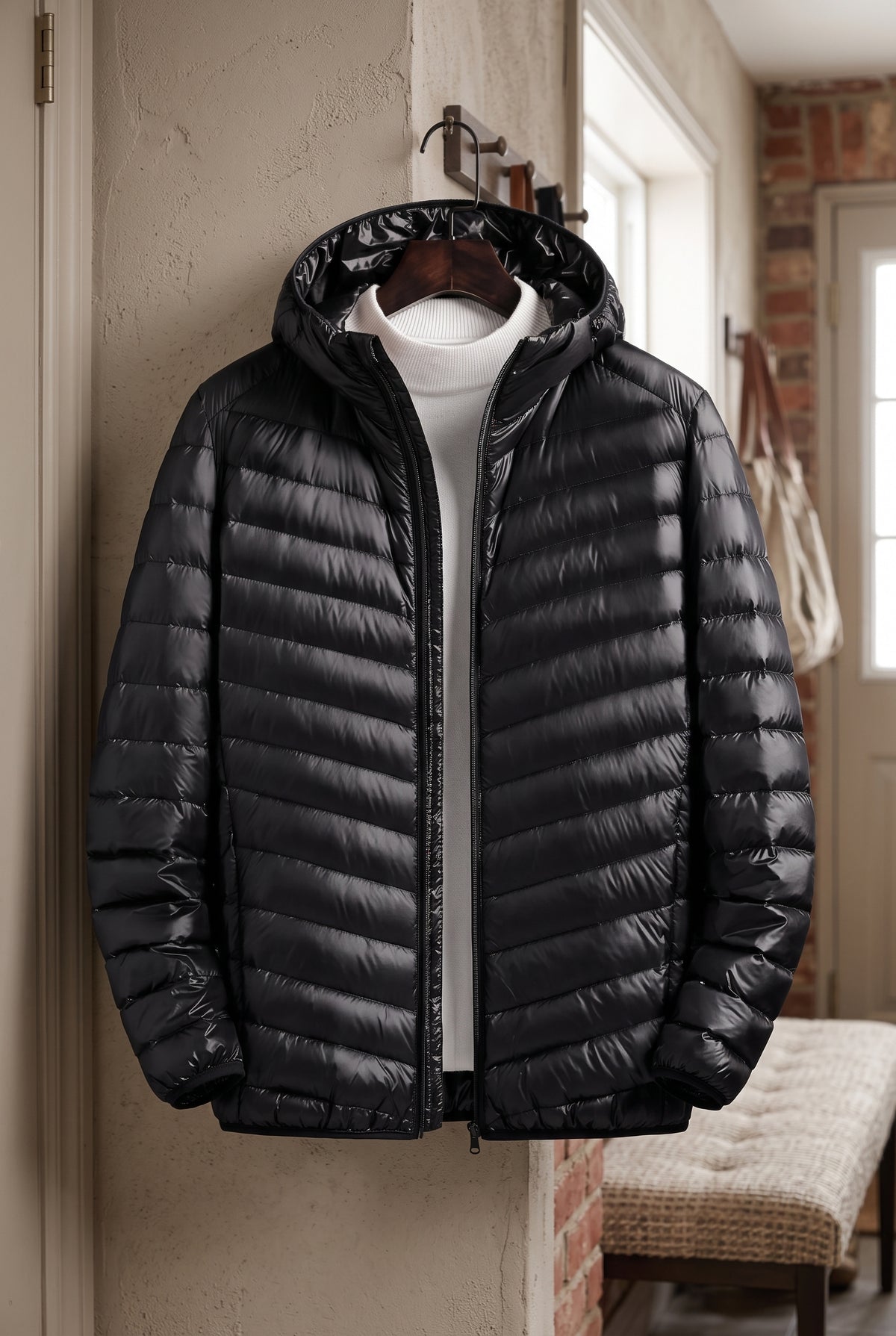 Insulated Quilted Down Jacket in Black — lifestyle