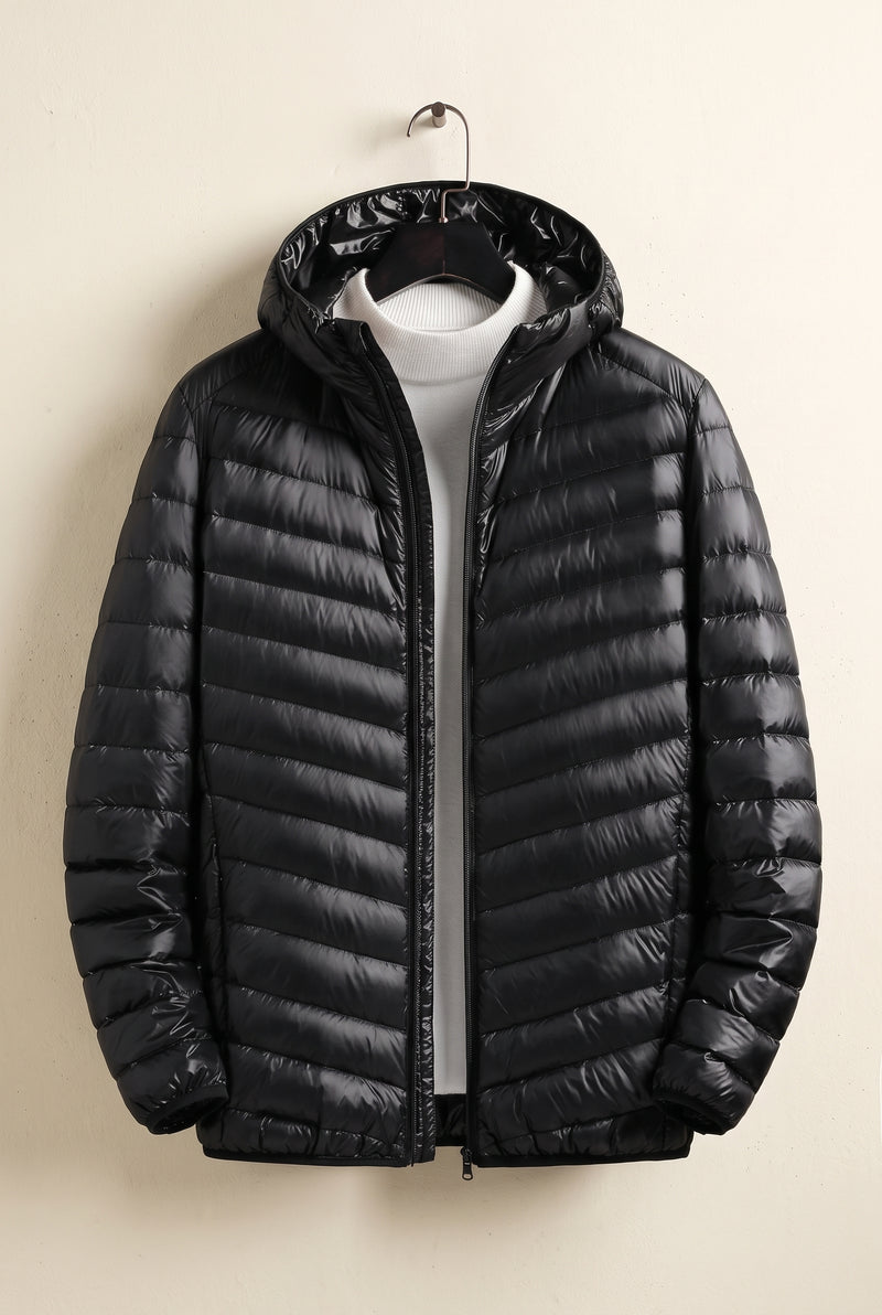 Insulated Quilted Down Jacket in Black — studio front